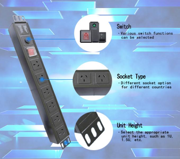 19 Zoll Aluminium Schwarz IEC Typ 6 Wege 8 Steckdosen C13 C14 Stromverteilungseinheit 16Amp/32Amp Mit Kommando-Stecker verfügbar IEC320 Smart Socket PDU 2